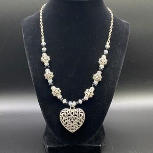 Metal Heart Necklace with Flower & Crystal Beads by Neanie-Bot